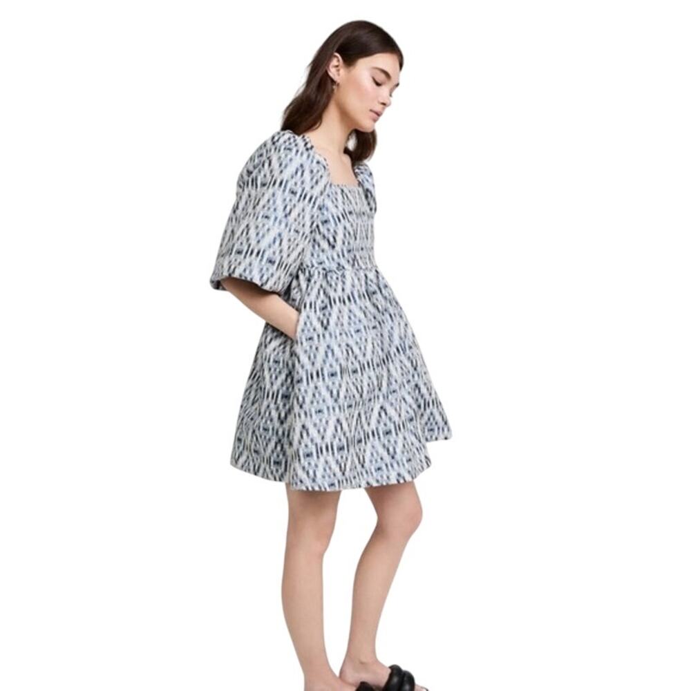 NWT MUNTHE Women's Blue White Chew Puff Sleeve Bubble Hemline Min Dress Size 36